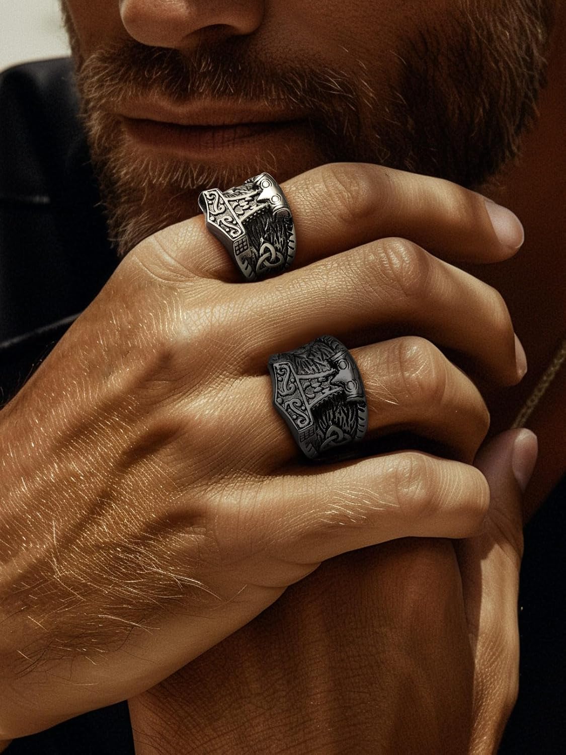 FaithHeart Norse Viking Jewelry Mens Stainless Steel Vikings Thor's Hammer/Wolf Head Ring Valknut Warrior's Gothic Jewelry-Personalized Engrave