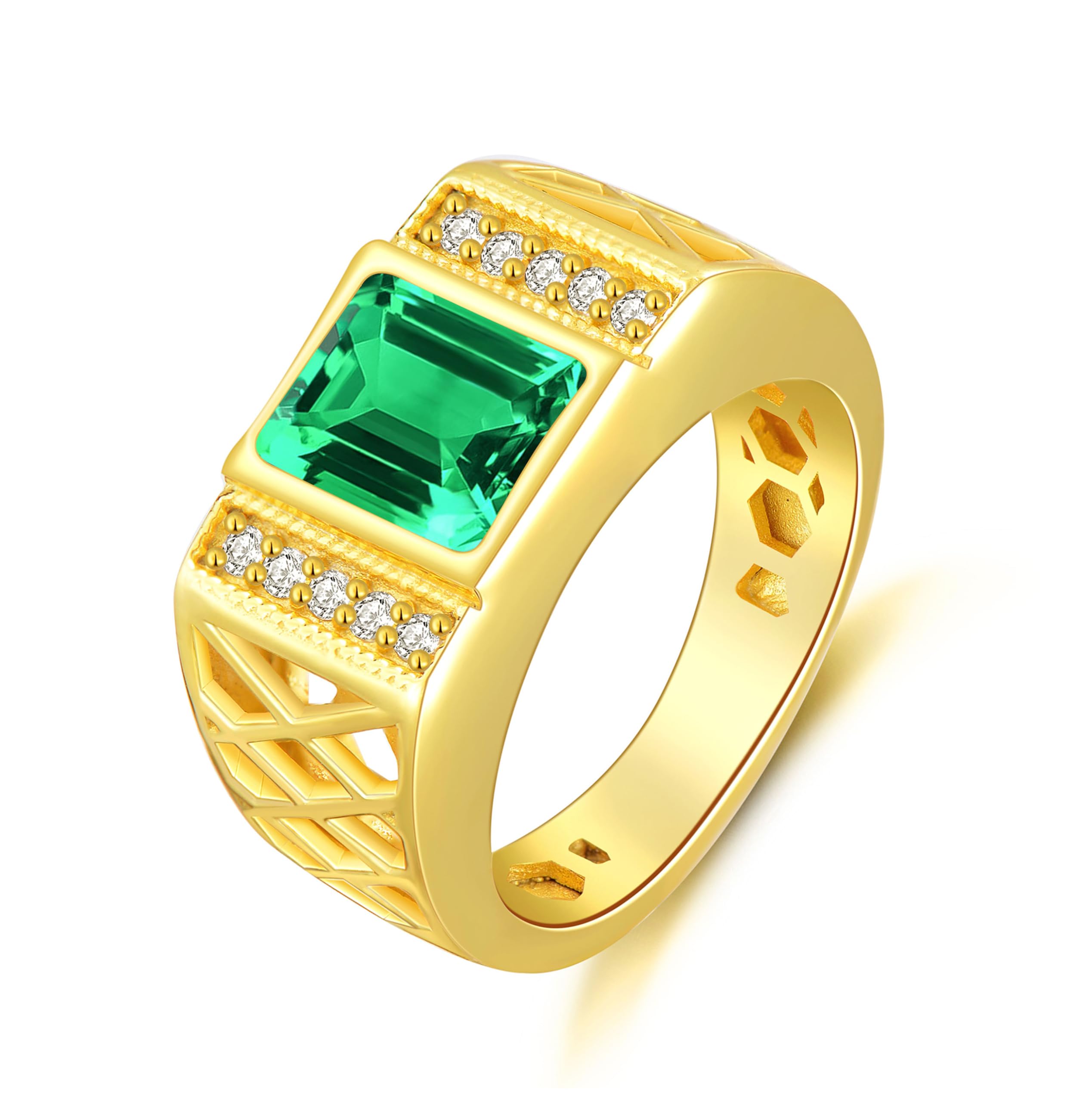 WSX Real Gold 10K 14K 18K 4Carat Gemstone Men's Rings with Moissanite Side Stone Emerald Cut Gemstone Rings for Men Promise Engagement Wedding Band Size 4-16