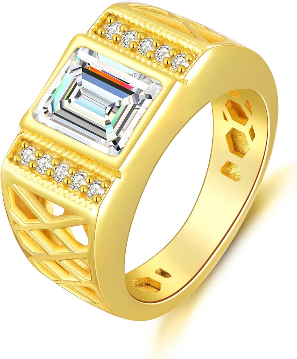 WSX Real Gold 10K 14K 18K 4Carat Gemstone Men's Rings with Moissanite Side Stone Emerald Cut Gemstone Rings for Men Promise Engagement Wedding Band Size 4-16