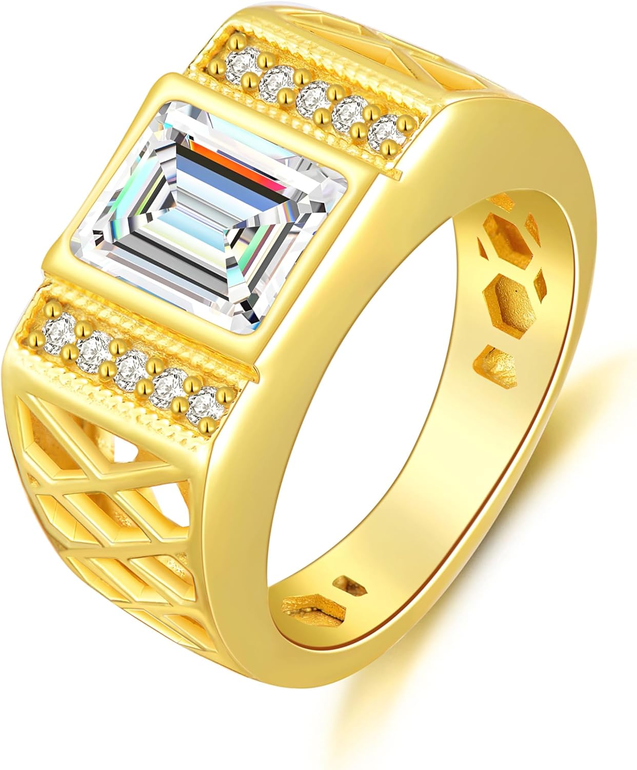 WSX Real Gold 10K 14K 18K 4Carat Gemstone Men's Rings with Moissanite Side Stone Emerald Cut Gemstone Rings for Men Promise Engagement Wedding Band Size 4-16