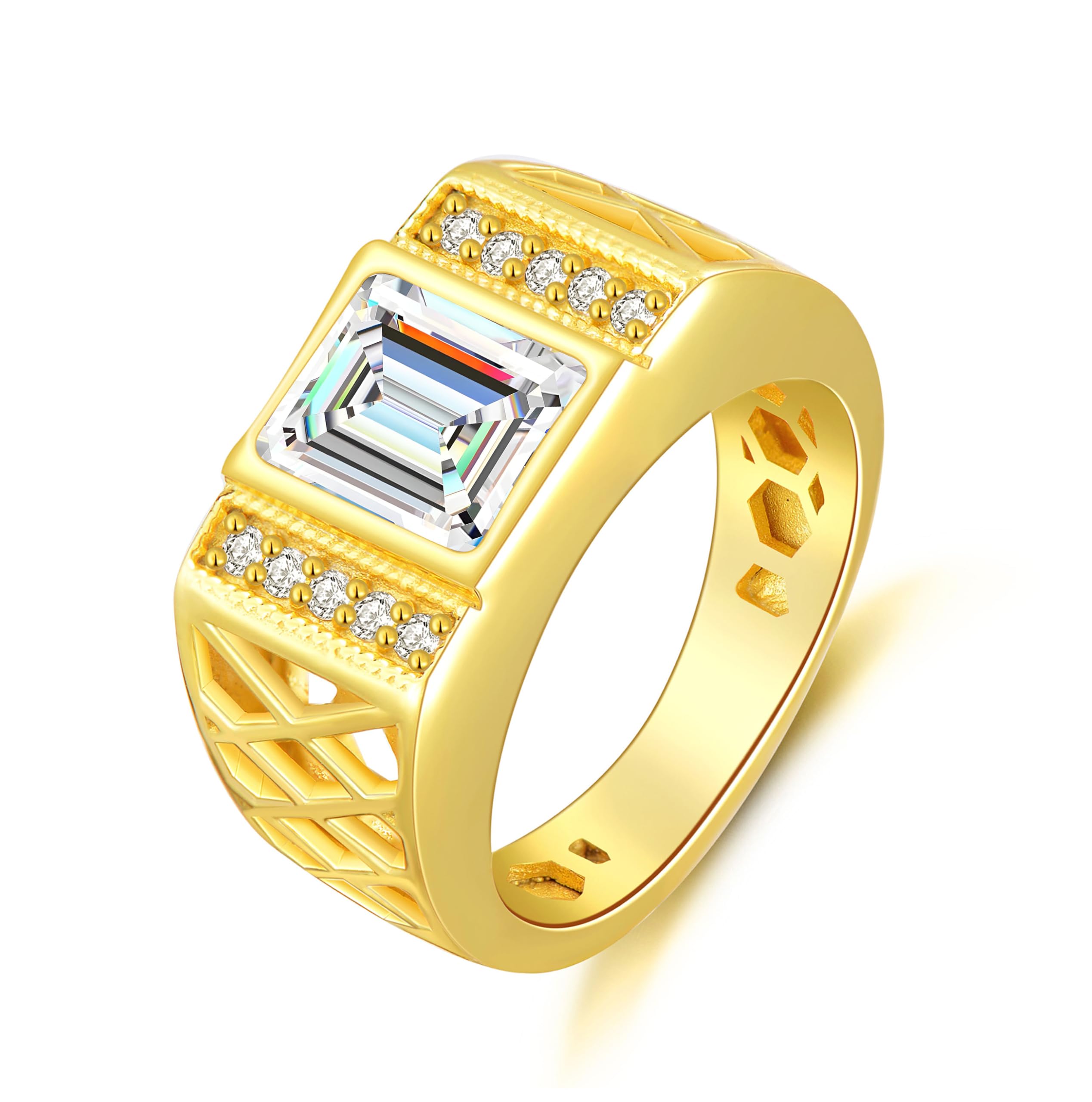 WSX Real Gold 10K 14K 18K 4Carat Gemstone Men's Rings with Moissanite Side Stone Emerald Cut Gemstone Rings for Men Promise Engagement Wedding Band Size 4-16