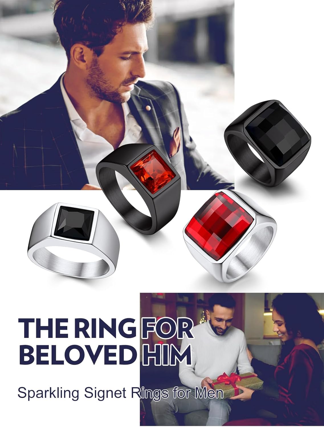 Bandmax Square Cut Gemstone Rings for Men Women, Shining Stone Signet Ring Cocktail Ring Statement Ring Personalized Birthstone Ring for Gift US Size 7-14