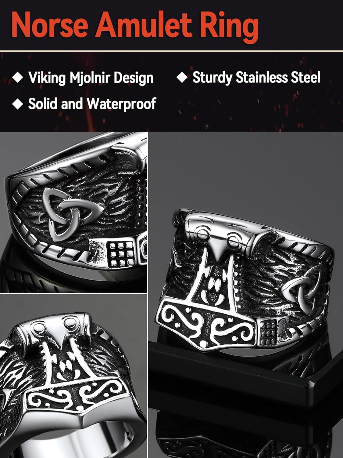 FaithHeart Norse Viking Jewelry Mens Stainless Steel Vikings Thor's Hammer/Wolf Head Ring Valknut Warrior's Gothic Jewelry-Personalized Engrave