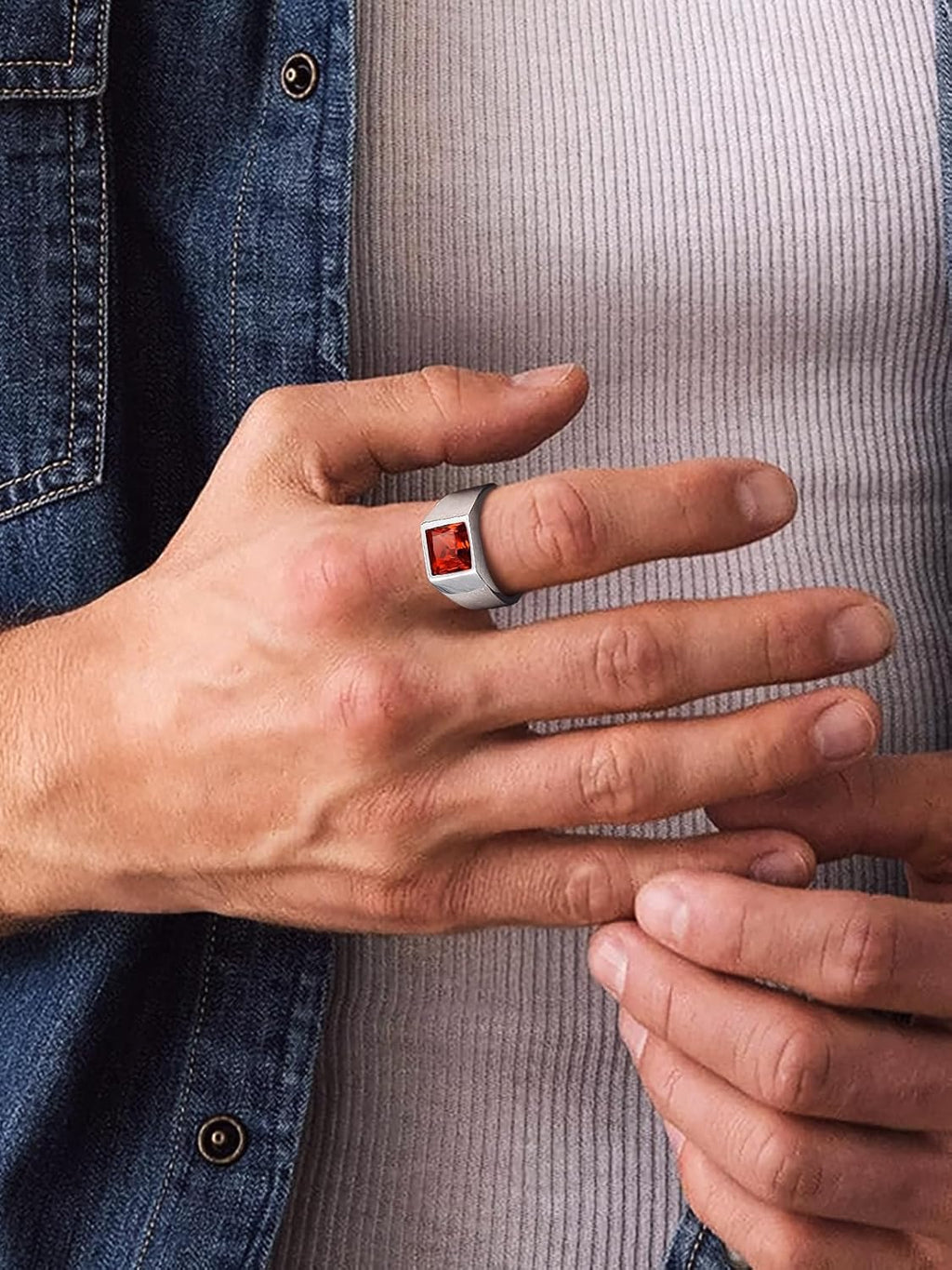 Bandmax Square Cut Gemstone Rings for Men Women, Shining Stone Signet Ring Cocktail Ring Statement Ring Personalized Birthstone Ring for Gift US Size 7-14