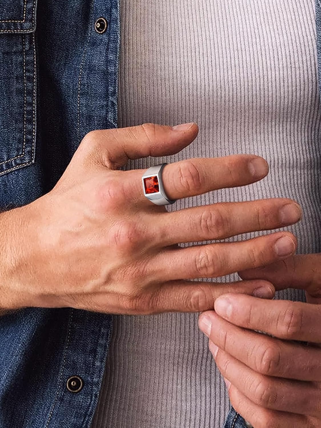 Bandmax Square Cut Gemstone Rings for Men Women, Shining Stone Signet Ring Cocktail Ring Statement Ring Personalized Birthstone Ring for Gift US Size 7-14