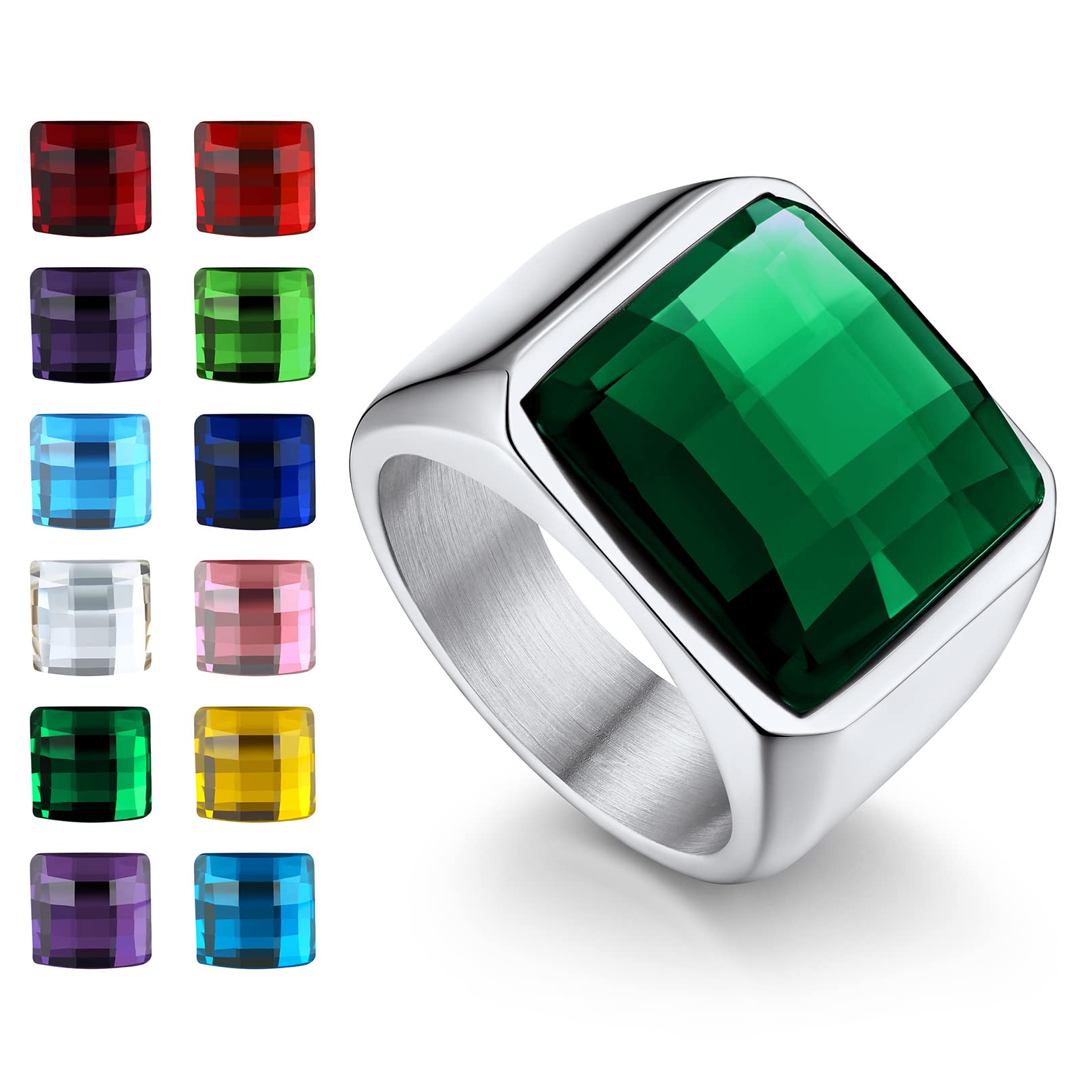 Bandmax Square Cut Gemstone Rings for Men Women, Shining Stone Signet Ring Cocktail Ring Statement Ring Personalized Birthstone Ring for Gift US Size 7-14