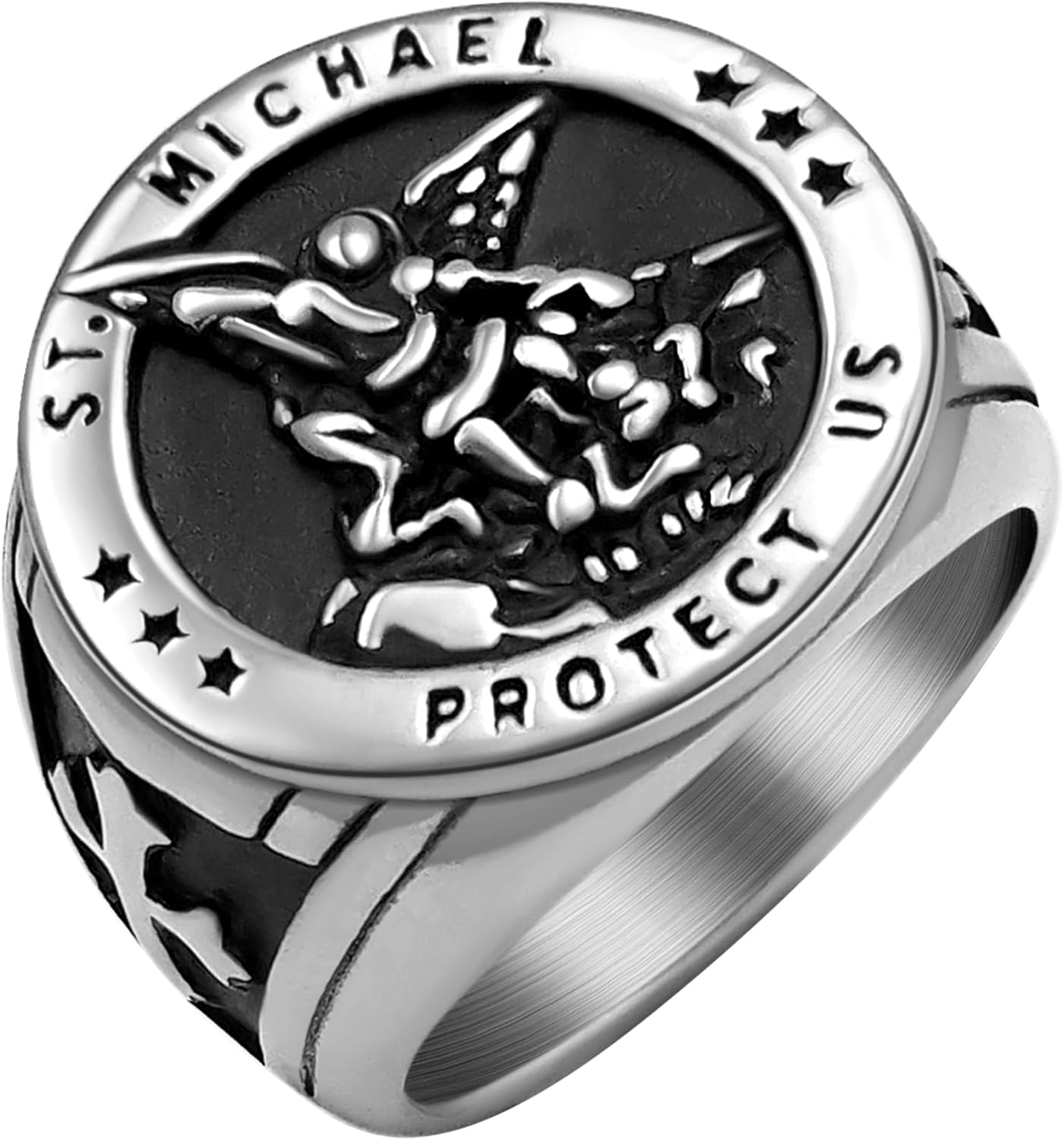 Saints Michael Ring for Men, 18K Gold/Black Plated, The Great Protector Archangel Defeating Satan Figurine Stainless Steel Amulet Rings, Size 7-12, Send Gift Box