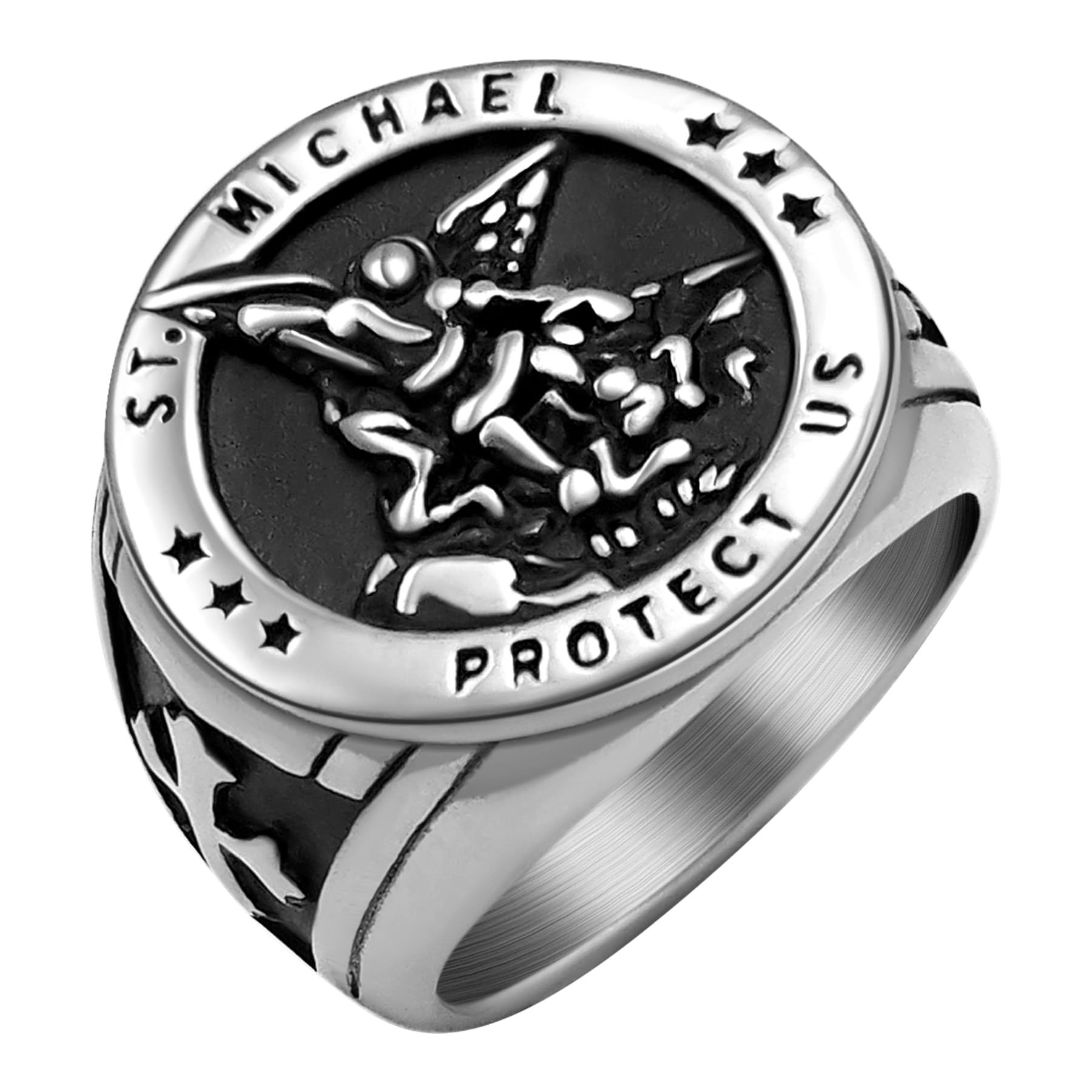 Saints Michael Ring for Men, 18K Gold/Black Plated, The Great Protector Archangel Defeating Satan Figurine Stainless Steel Amulet Rings, Size 7-12, Send Gift Box