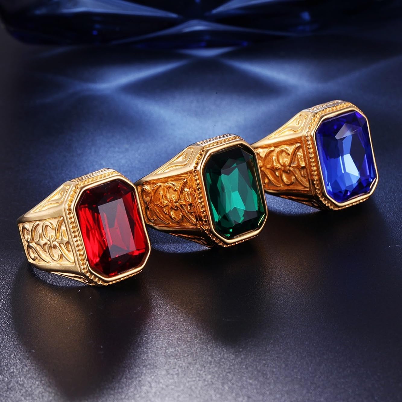 Iced out Emerald Stone Rings for Men 316 Stainless steel Rings Men's Ring Square Pattern Religion's rings Jewelry for Men rings for Heavy Metal ring Father's Day