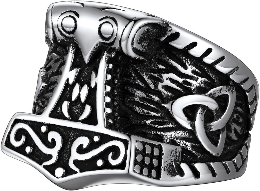 FaithHeart Norse Viking Jewelry Mens Stainless Steel Vikings Thor's Hammer/Wolf Head Ring Valknut Warrior's Gothic Jewelry-Personalized Engrave