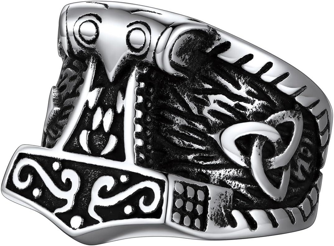 FaithHeart Norse Viking Jewelry Mens Stainless Steel Vikings Thor's Hammer/Wolf Head Ring Valknut Warrior's Gothic Jewelry-Personalized Engrave
