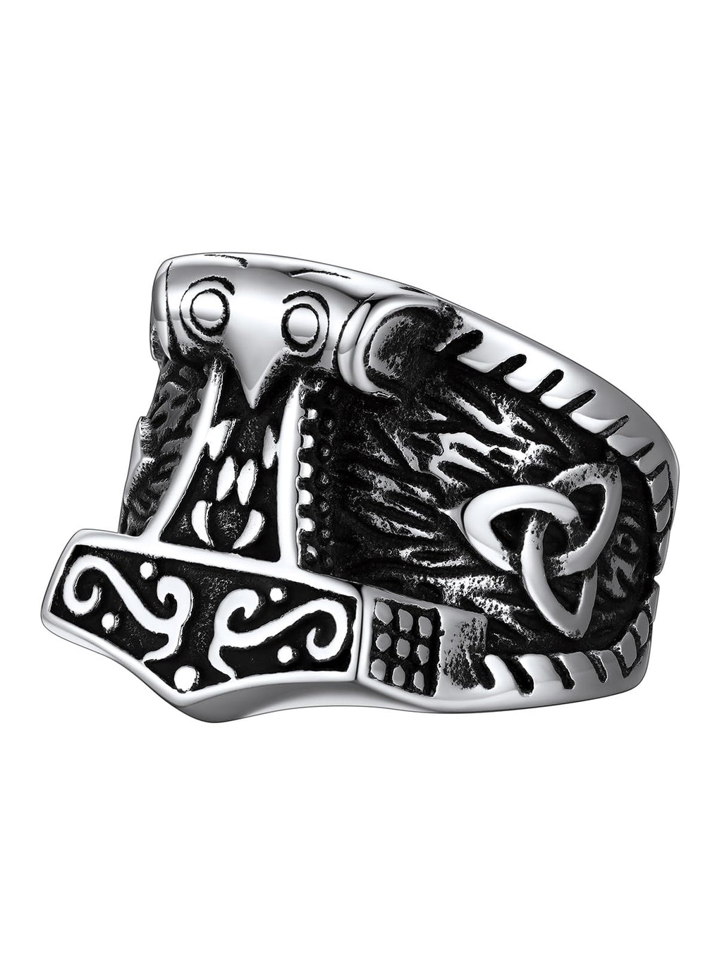 FaithHeart Norse Viking Jewelry Mens Stainless Steel Vikings Thor's Hammer/Wolf Head Ring Valknut Warrior's Gothic Jewelry-Personalized Engrave