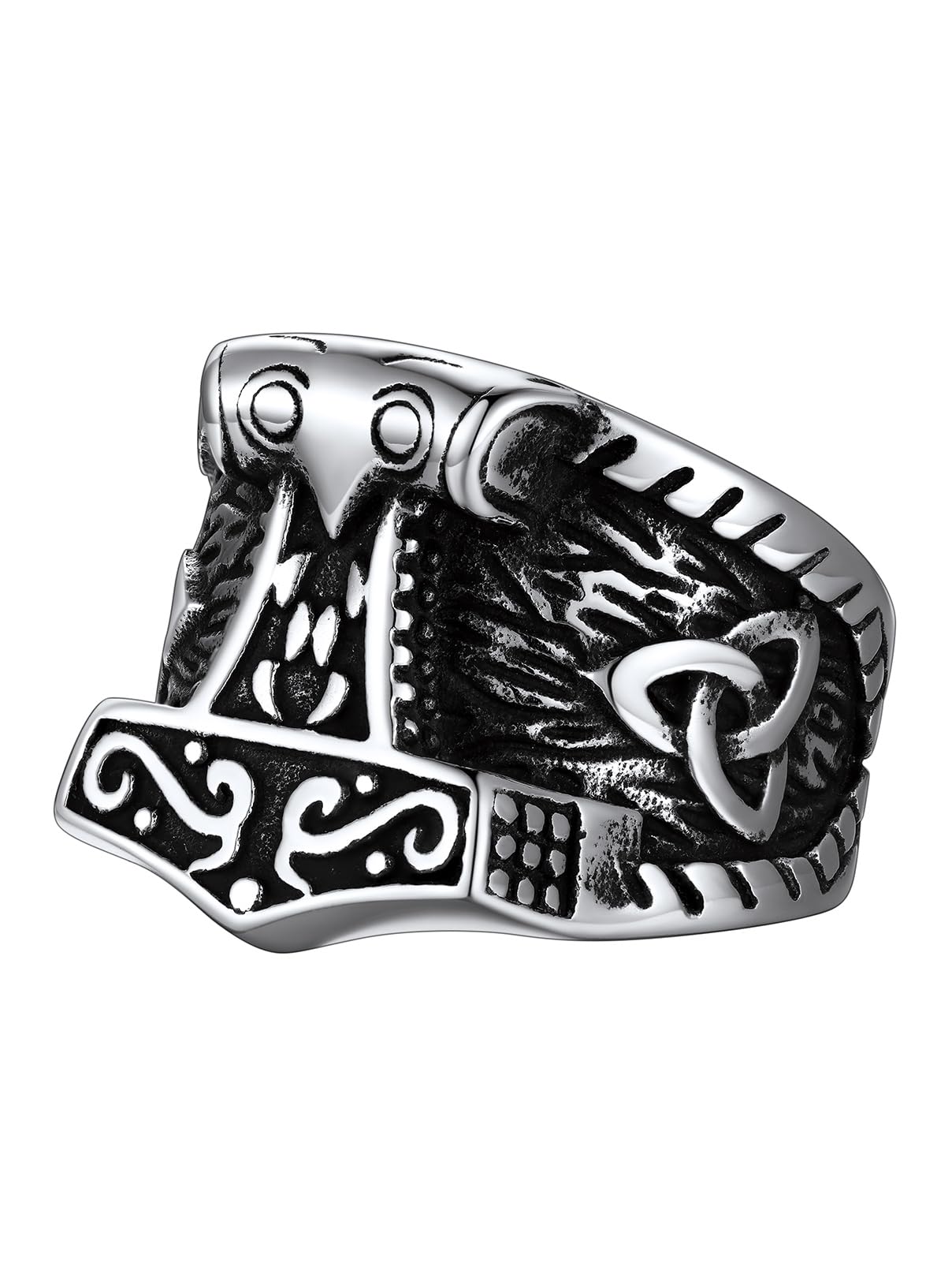 FaithHeart Norse Viking Jewelry Mens Stainless Steel Vikings Thor's Hammer/Wolf Head Ring Valknut Warrior's Gothic Jewelry-Personalized Engrave