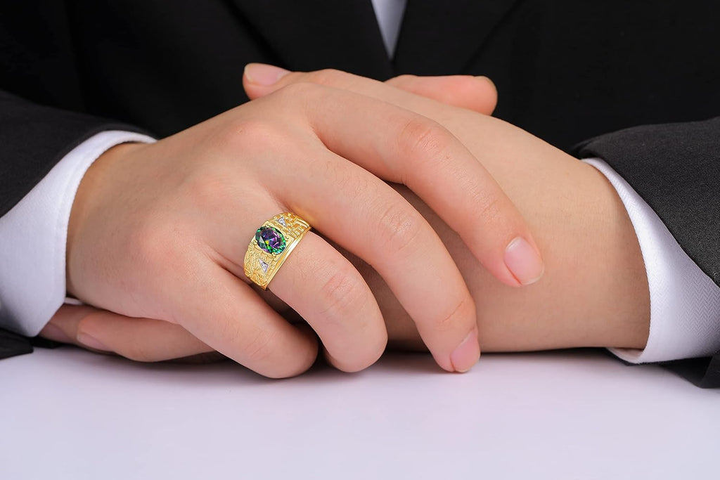 Rylos Men's Rings Designer Nugget Ring: Oval 9X7MM Gemstone & Sparkling Diamonds - Color Stone Birthstone Rings for Men, Yellow Gold Plated Silver Rings in Sizes 8-13. Mens Jewelry