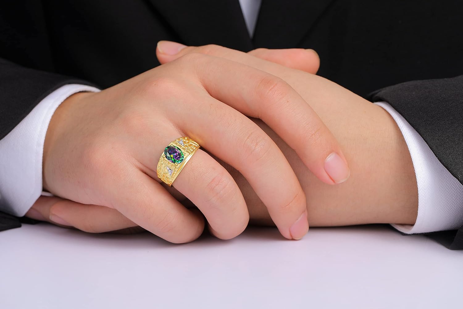 Rylos Men's Rings Designer Nugget Ring: Oval 9X7MM Gemstone & Sparkling Diamonds - Color Stone Birthstone Rings for Men, Yellow Gold Plated Silver Rings in Sizes 8-13. Mens Jewelry