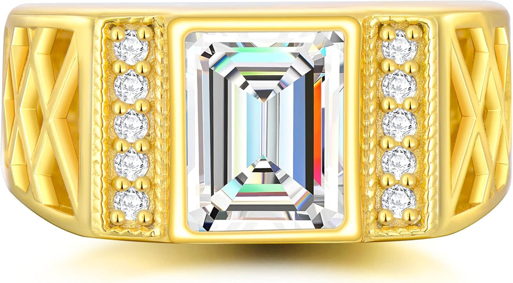 WSX Real Gold 10K 14K 18K 4Carat Gemstone Men's Rings with Moissanite Side Stone Emerald Cut Gemstone Rings for Men Promise Engagement Wedding Band Size 4-16