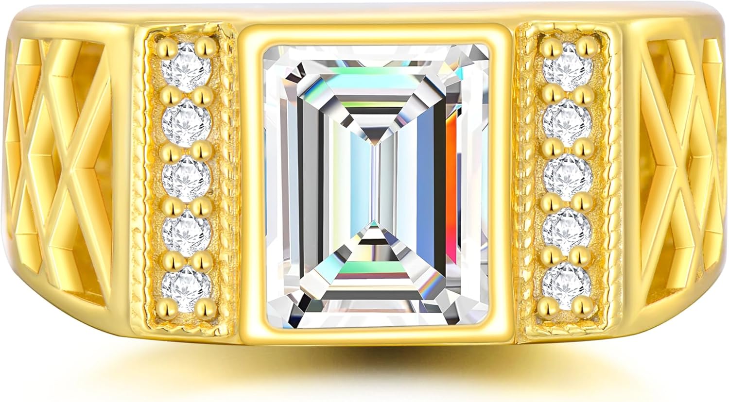 WSX Real Gold 10K 14K 18K 4Carat Gemstone Men's Rings with Moissanite Side Stone Emerald Cut Gemstone Rings for Men Promise Engagement Wedding Band Size 4-16