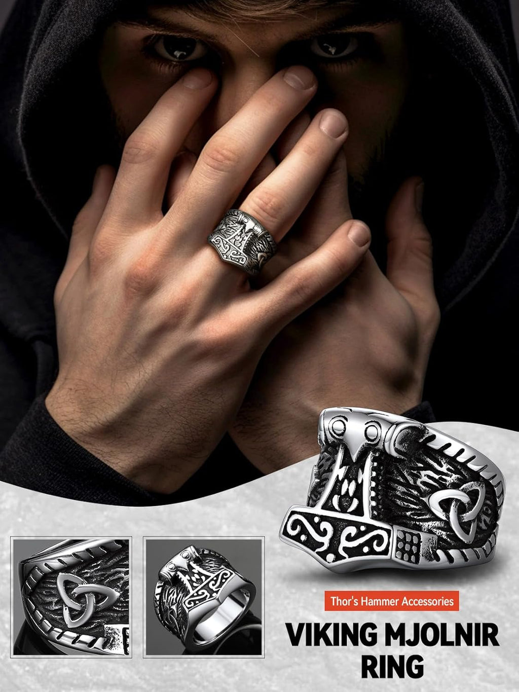 FaithHeart Norse Viking Jewelry Mens Stainless Steel Vikings Thor's Hammer/Wolf Head Ring Valknut Warrior's Gothic Jewelry-Personalized Engrave