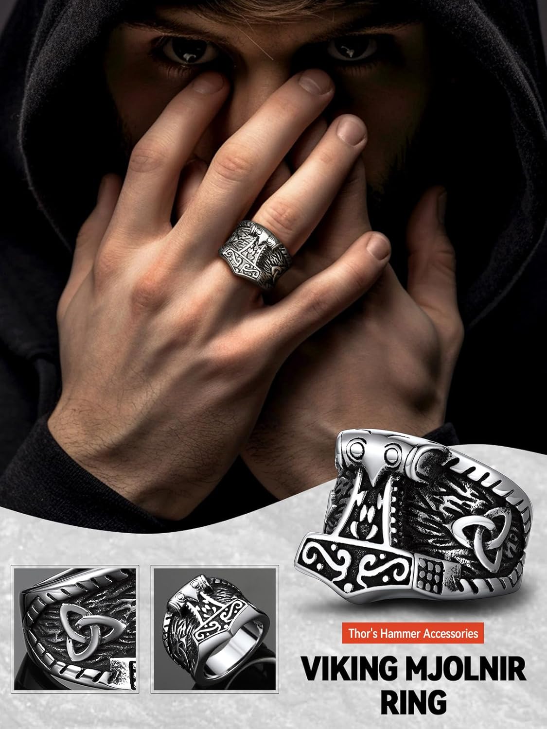FaithHeart Norse Viking Jewelry Mens Stainless Steel Vikings Thor's Hammer/Wolf Head Ring Valknut Warrior's Gothic Jewelry-Personalized Engrave