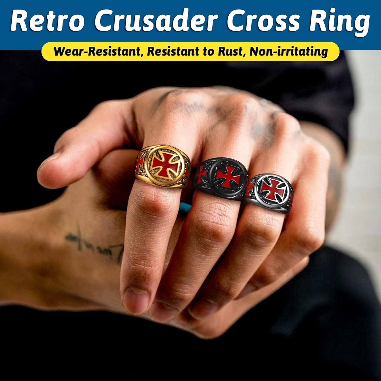 FaithHeart Mens Stainless Steel Crusader Jerusalem Cross Ring with 18K Gold Plated Two Tone Ring Size 7,8,9,10,11,12