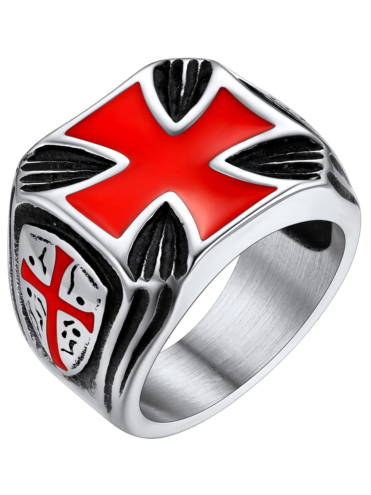 FaithHeart Mens Stainless Steel Crusader Jerusalem Cross Ring with 18K Gold Plated Two Tone Ring Size 7,8,9,10,11,12