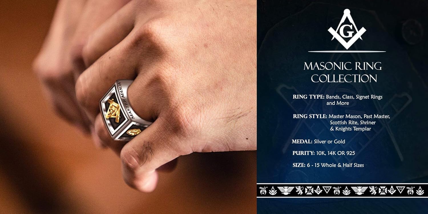 US Jewels Mens 925 Sterling Silver 8mm Half Round Masonic Master Mason Ring Band