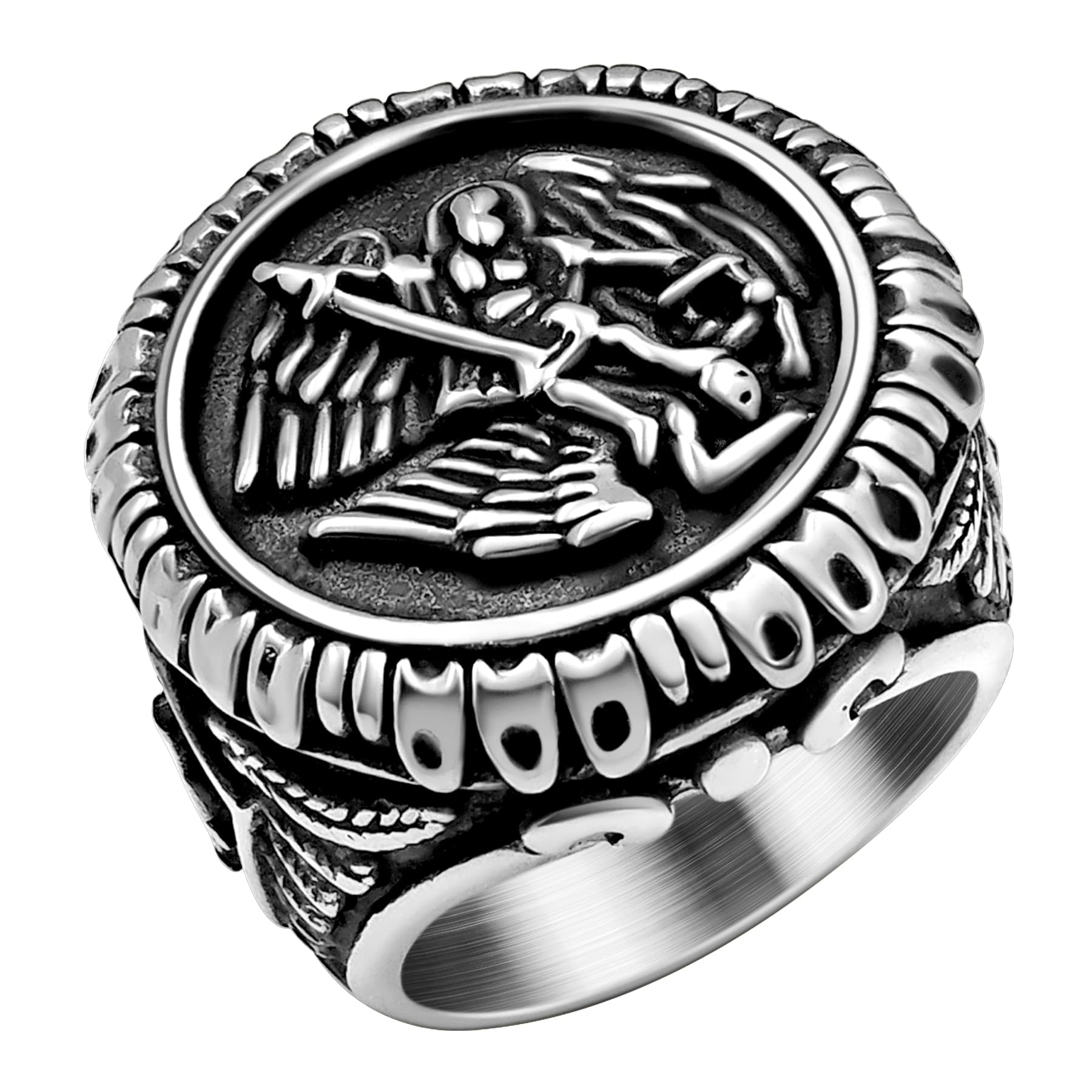 Saints Michael Ring for Men, 18K Gold/Black Plated, The Great Protector Archangel Defeating Satan Figurine Stainless Steel Amulet Rings, Size 7-12, Send Gift Box