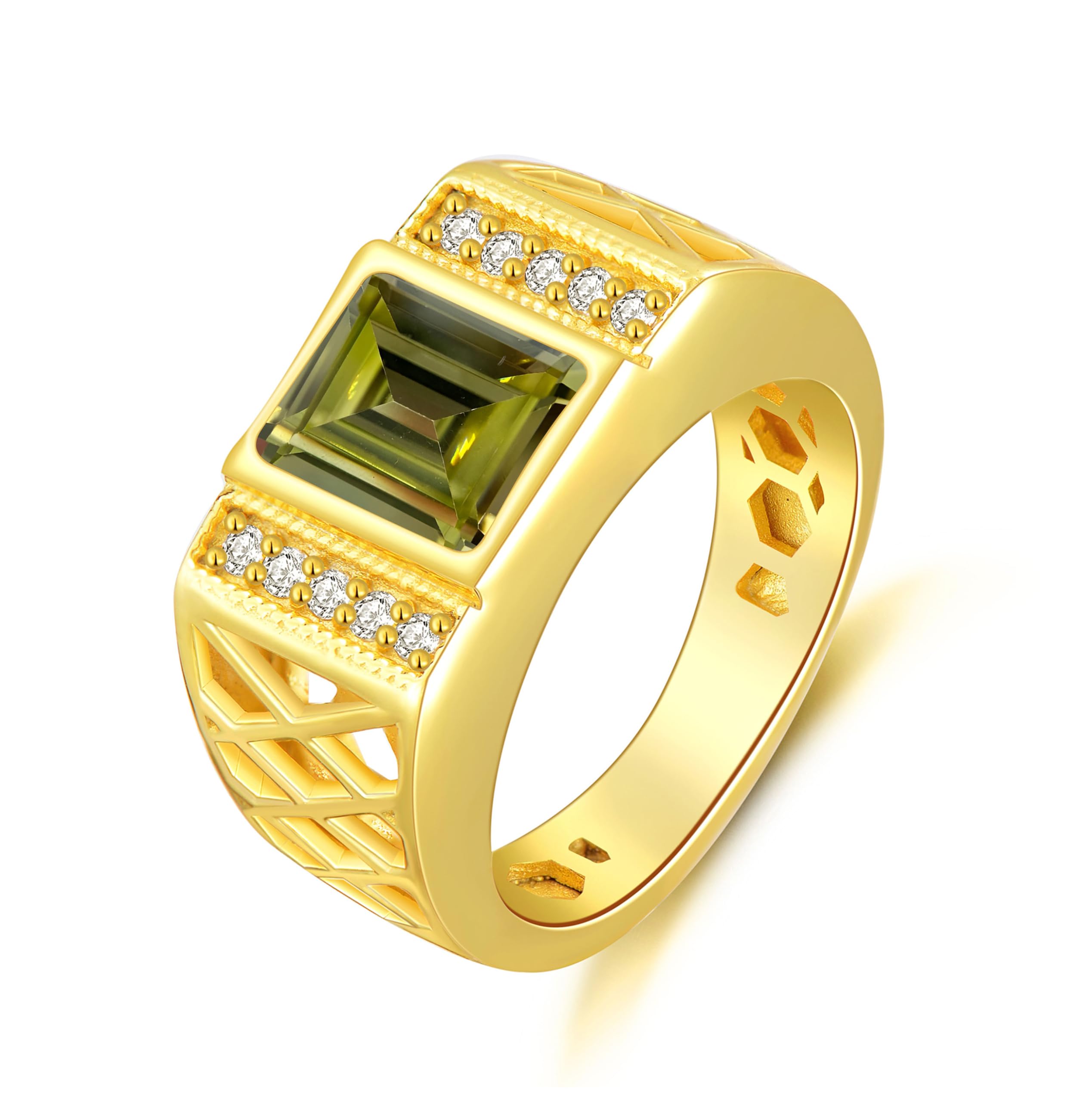 WSX Real Gold 10K 14K 18K 4Carat Gemstone Men's Rings with Moissanite Side Stone Emerald Cut Gemstone Rings for Men Promise Engagement Wedding Band Size 4-16