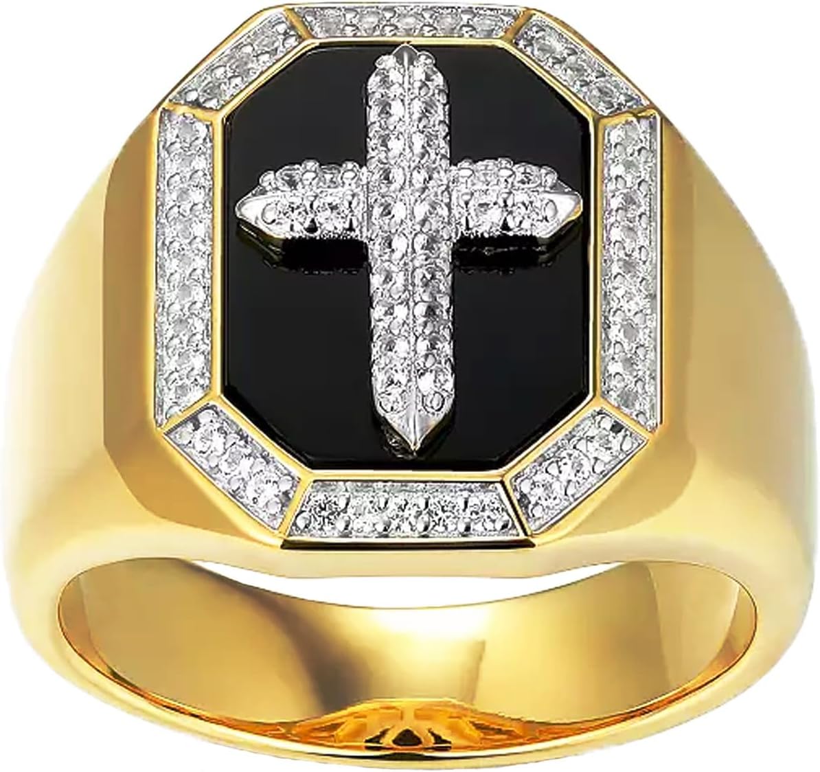 Silver Men's Ring Cross Black Onyx and Zircon Gemstone Gold-Plated Cut Square Black Onyx Ring Handmade for Men Jewelry Faith Promise Vintage Band Gift Husband