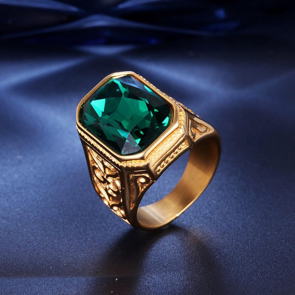 Iced out Emerald Stone Rings for Men 316 Stainless steel Rings Men's Ring Square Pattern Religion's rings Jewelry for Men rings for Heavy Metal ring Father's Day