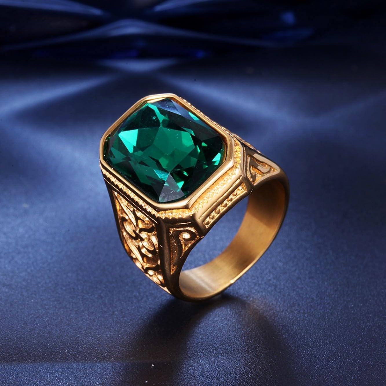 Iced out Emerald Stone Rings for Men 316 Stainless steel Rings Men's Ring Square Pattern Religion's rings Jewelry for Men rings for Heavy Metal ring Father's Day