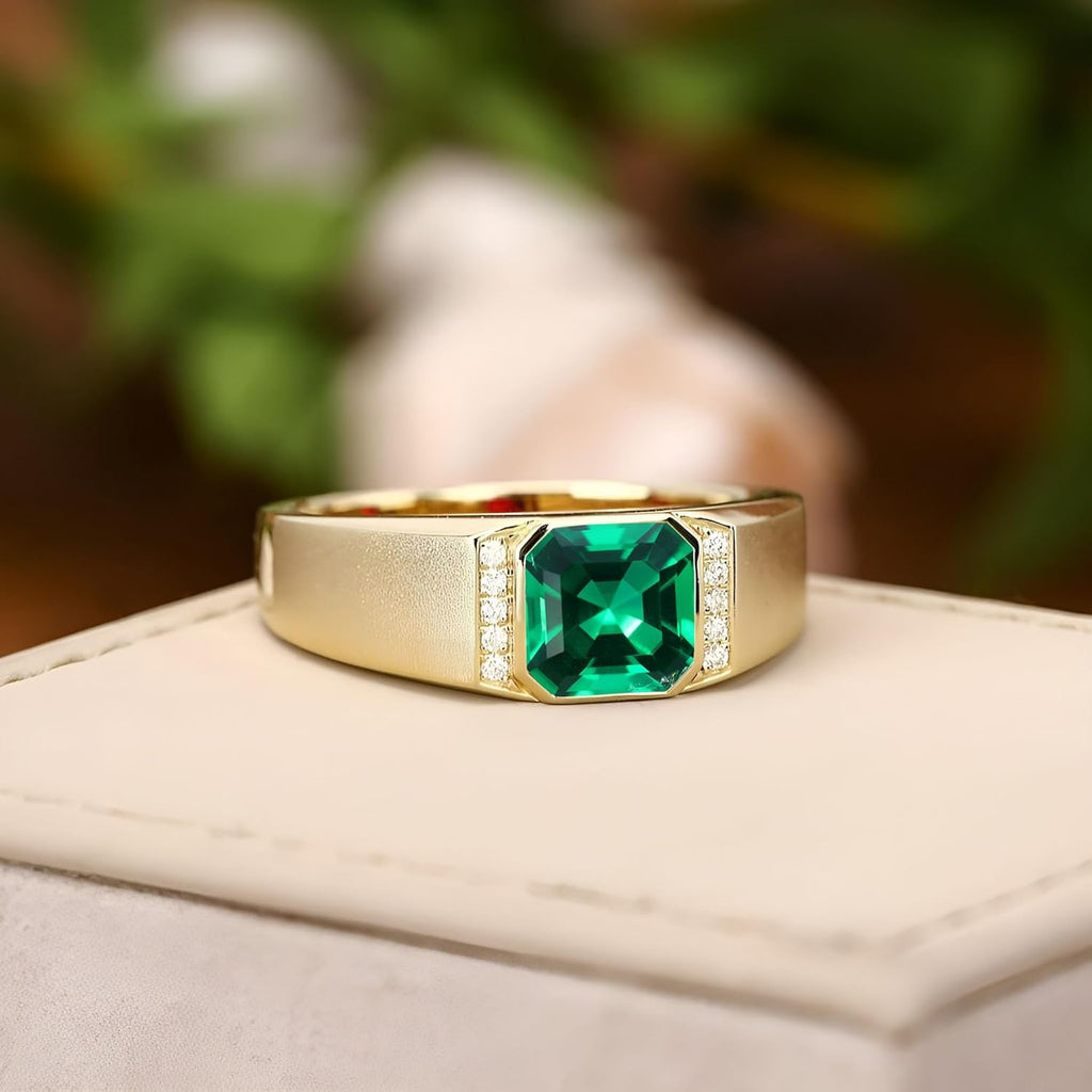 10K 14K 18K Gold 2CT Asscher Cut Men's Gemstone Engagement Ring with Moissanite Sidestones,Gemstone Wedding Bands Birthstone Rings for Men Husband for Anniversary Wedding