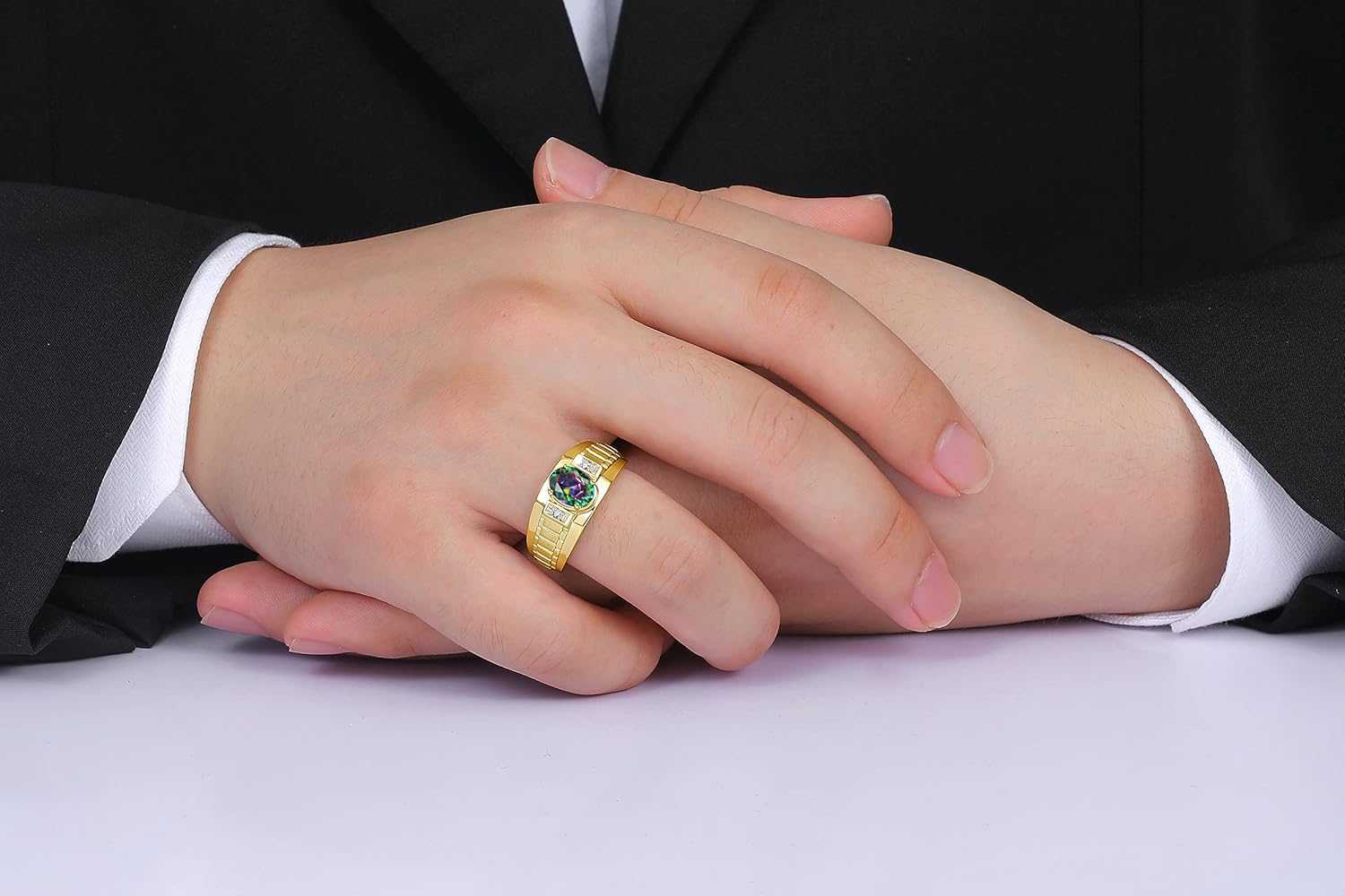 Rylos Men's Yellow Gold Plated Silver Designer Rings - Classic Style with 8x6MM Oval Gemstone & Diamond Accents - Birthstone Rings in Sizes 8-13