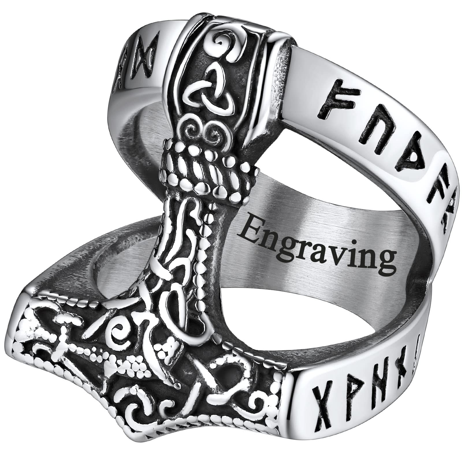 FaithHeart Norse Viking Jewelry Mens Stainless Steel Vikings Thor's Hammer/Wolf Head Ring Valknut Warrior's Gothic Jewelry-Personalized Engrave
