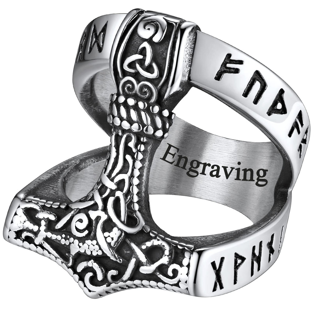 FaithHeart Norse Viking Jewelry Mens Stainless Steel Vikings Thor's Hammer/Wolf Head Ring Valknut Warrior's Gothic Jewelry-Personalized Engrave