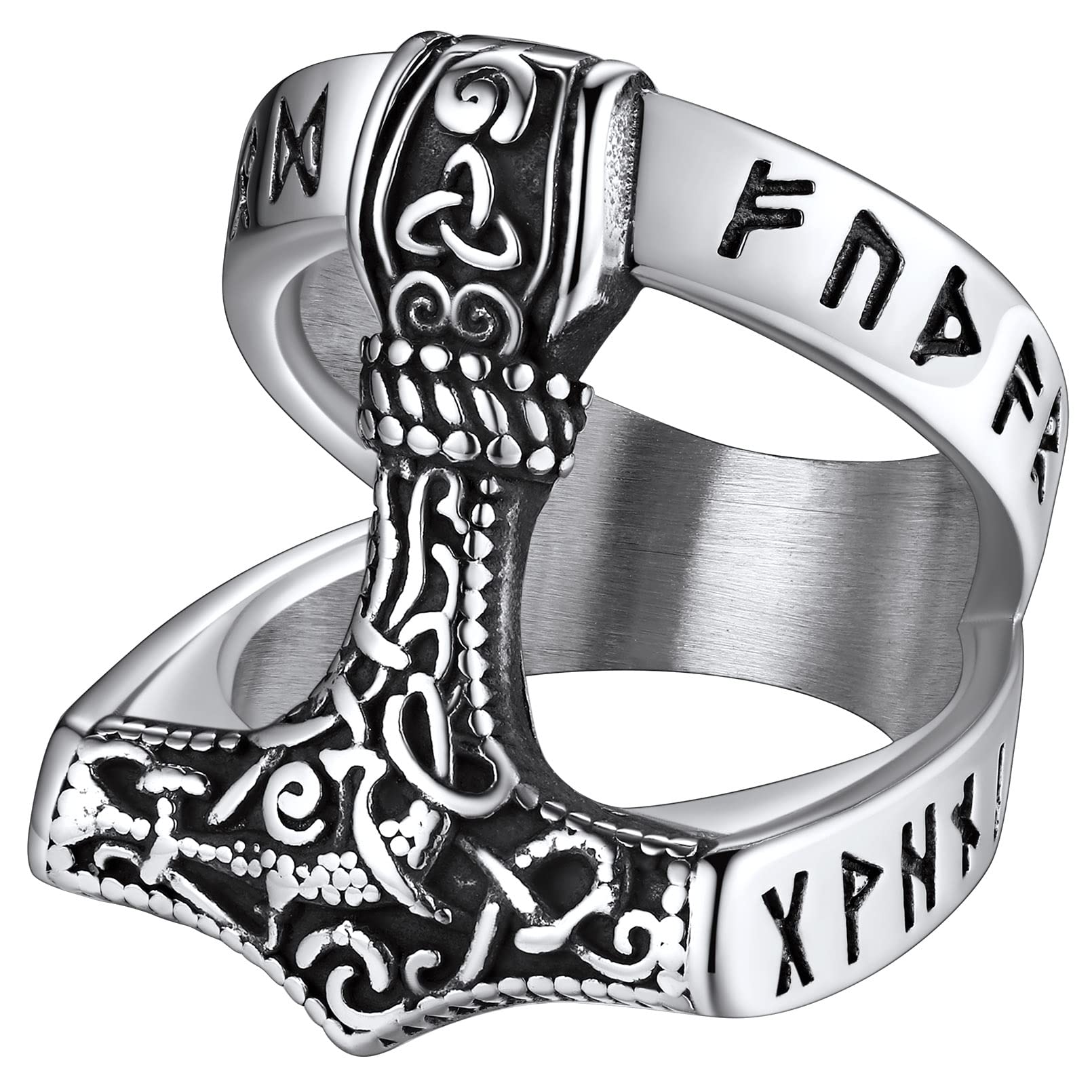 FaithHeart Norse Viking Jewelry Mens Stainless Steel Vikings Thor's Hammer/Wolf Head Ring Valknut Warrior's Gothic Jewelry-Personalized Engrave