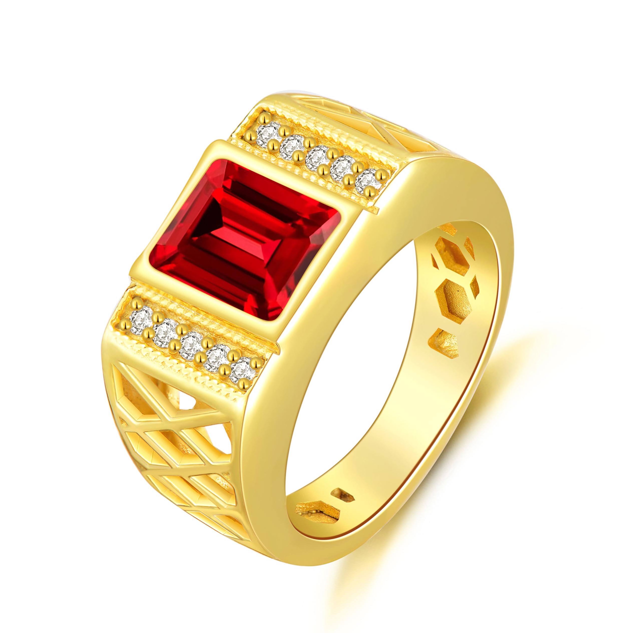 WSX Real Gold 10K 14K 18K 4Carat Gemstone Men's Rings with Moissanite Side Stone Emerald Cut Gemstone Rings for Men Promise Engagement Wedding Band Size 4-16