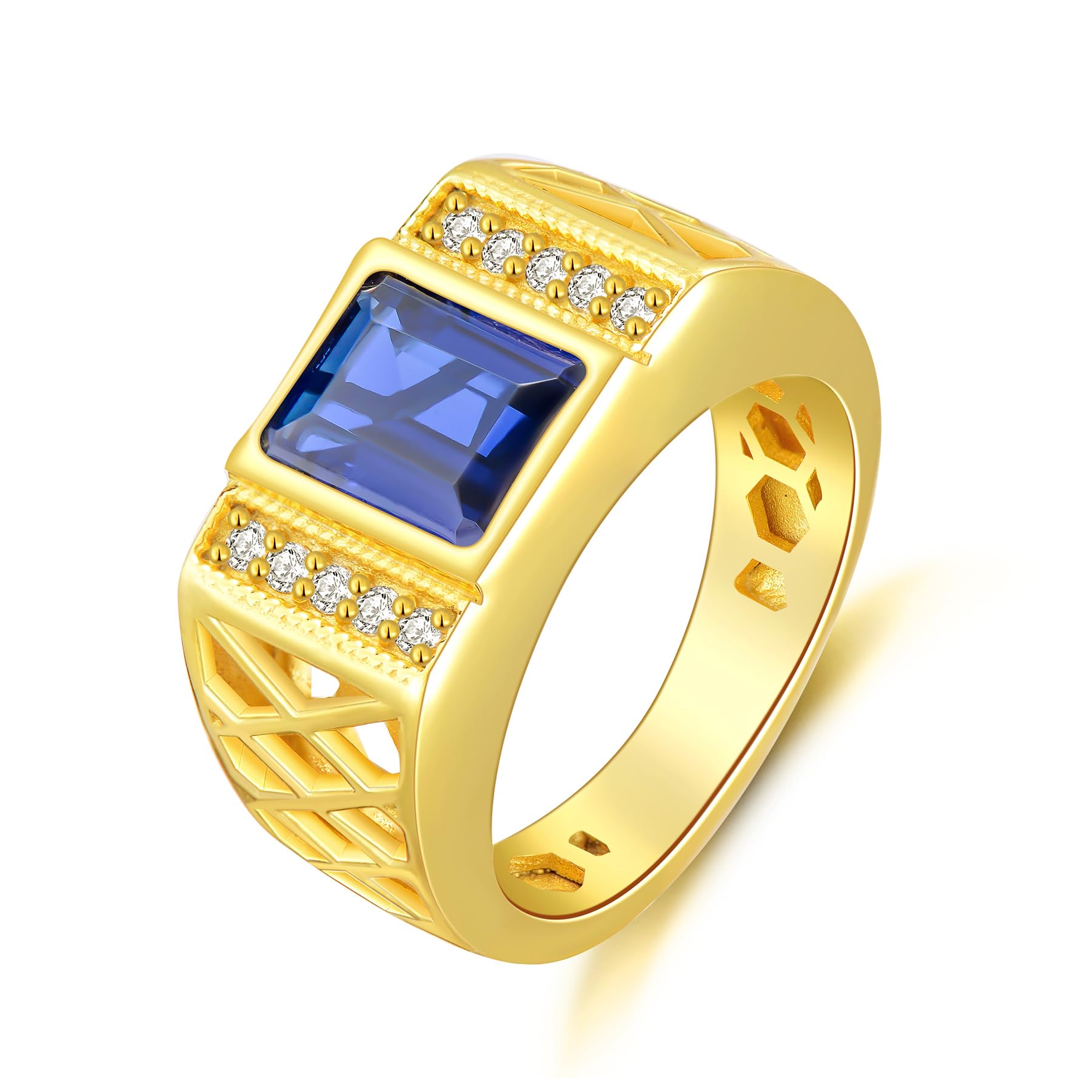 WSX Real Gold 10K 14K 18K 4Carat Gemstone Men's Rings with Moissanite Side Stone Emerald Cut Gemstone Rings for Men Promise Engagement Wedding Band Size 4-16