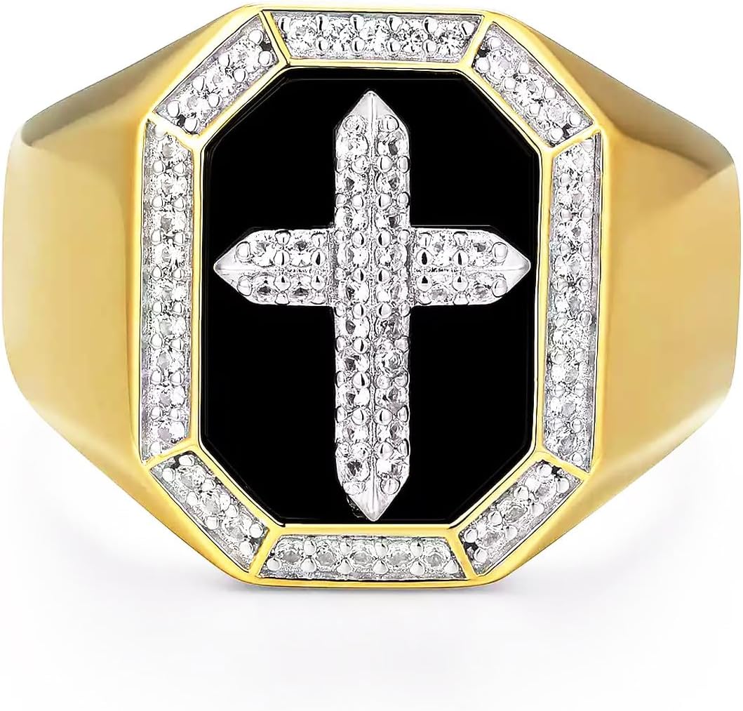 Silver Men's Ring Cross Black Onyx and Zircon Gemstone Gold-Plated Cut Square Black Onyx Ring Handmade for Men Jewelry Faith Promise Vintage Band Gift Husband
