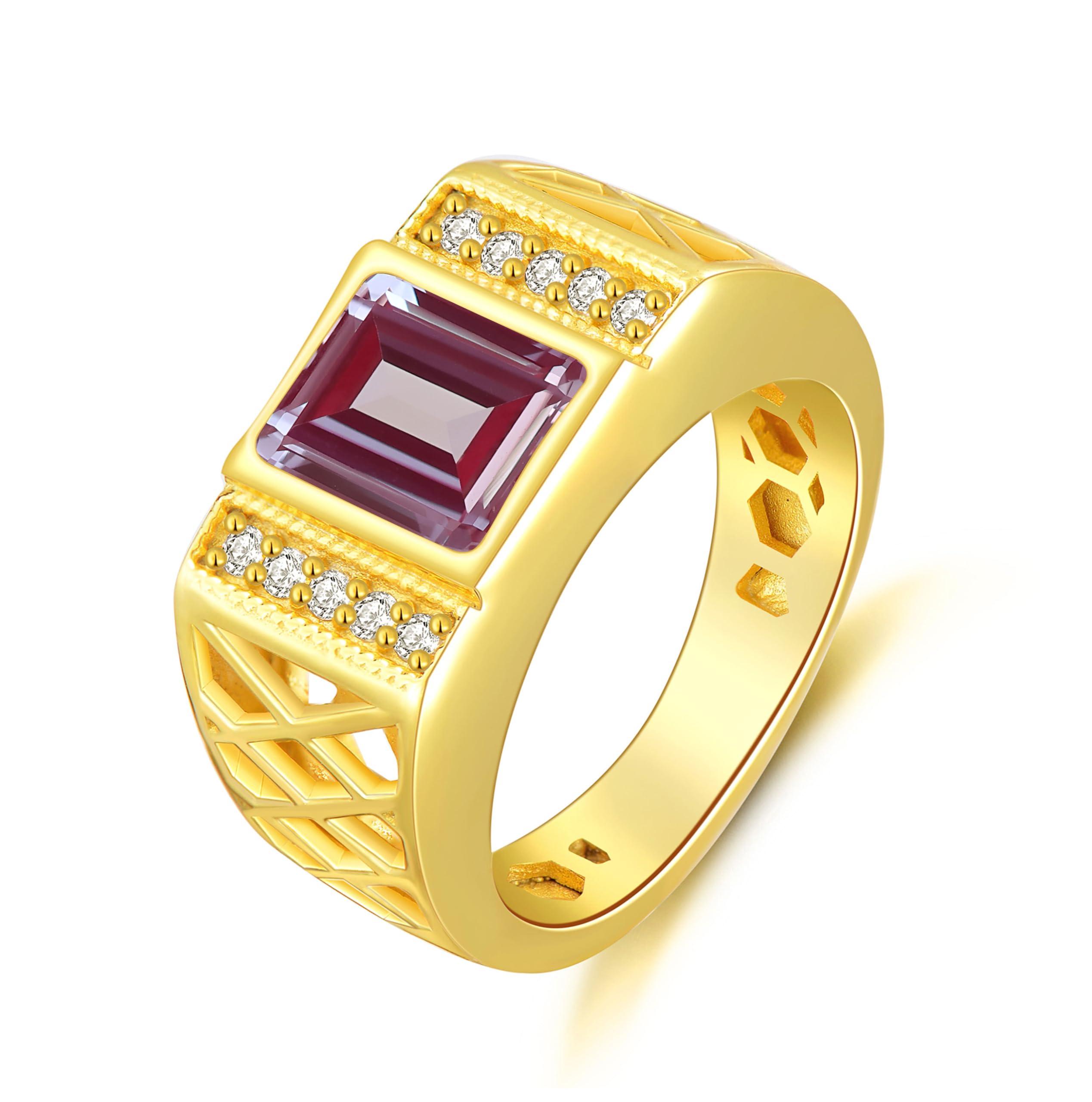 WSX Real Gold 10K 14K 18K 4Carat Gemstone Men's Rings with Moissanite Side Stone Emerald Cut Gemstone Rings for Men Promise Engagement Wedding Band Size 4-16