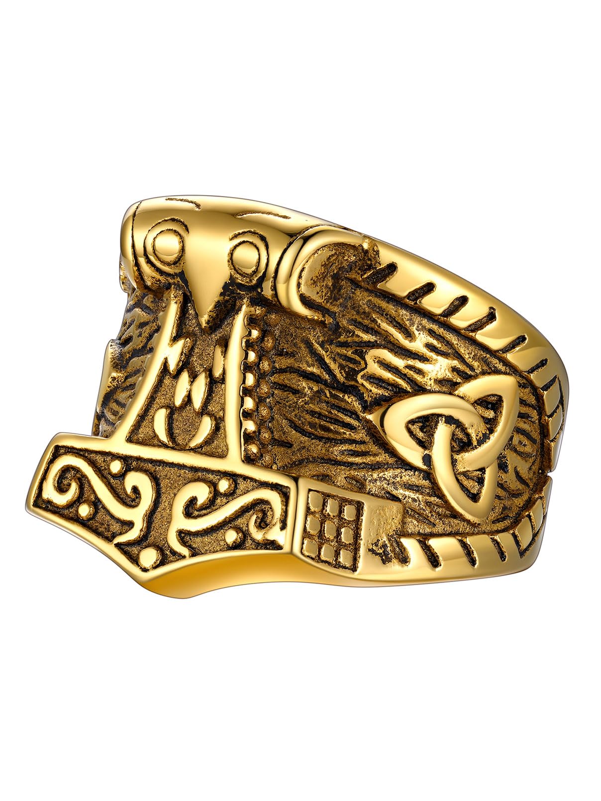 FaithHeart Norse Viking Jewelry Mens Stainless Steel Vikings Thor's Hammer/Wolf Head Ring Valknut Warrior's Gothic Jewelry-Personalized Engrave