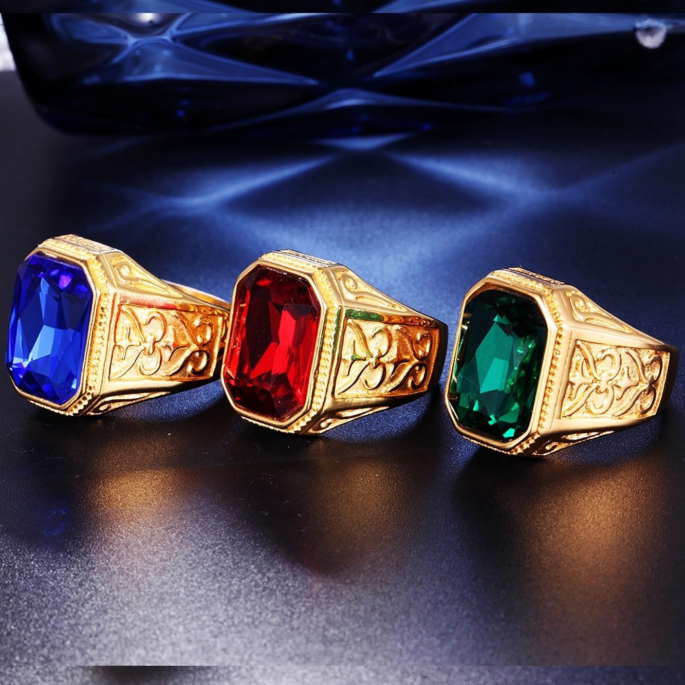 Iced out Emerald Stone Rings for Men 316 Stainless steel Rings Men's Ring Square Pattern Religion's rings Jewelry for Men rings for Heavy Metal ring Father's Day