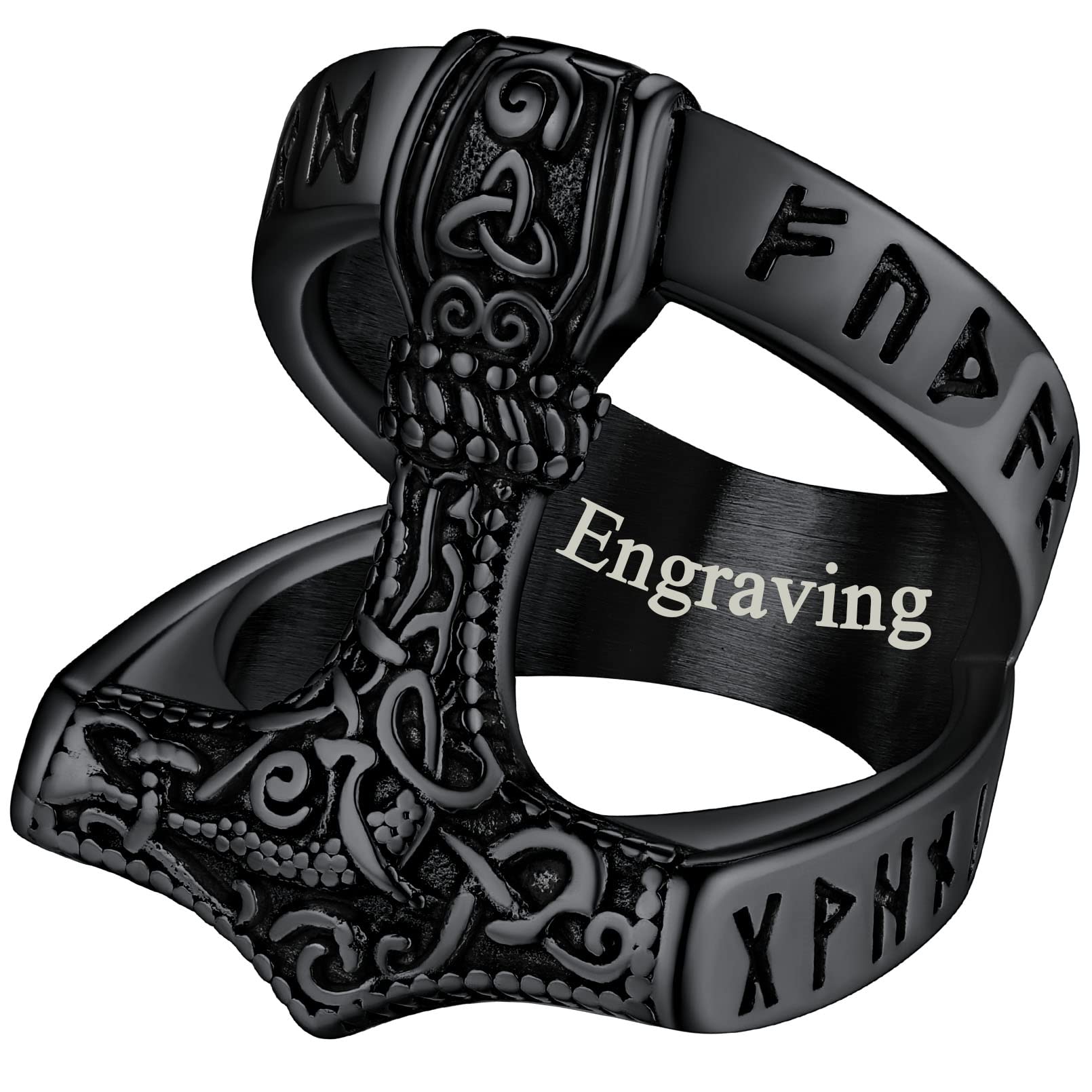 FaithHeart Norse Viking Jewelry Mens Stainless Steel Vikings Thor's Hammer/Wolf Head Ring Valknut Warrior's Gothic Jewelry-Personalized Engrave