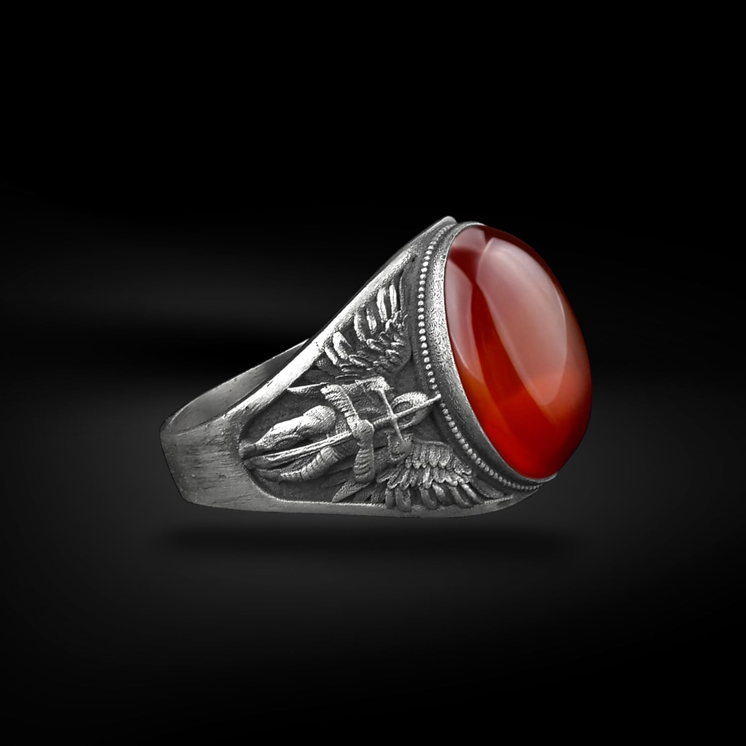 BySilverStone - St. Michael the Archangel Signet Ring for Men with Natural Tiger's Eye Gemstone in Sterling Silver, Commander of God's Army Jewelry Rings, Religious Gift Ring