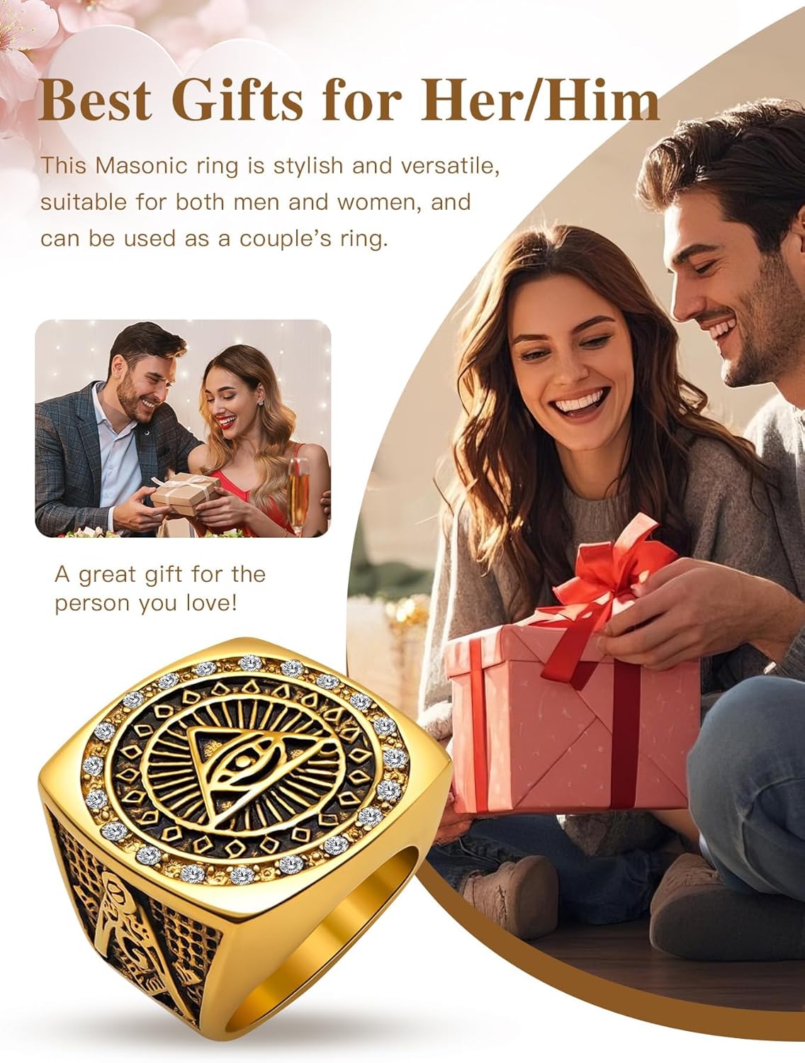 Masonic Signet Rings for Men, 316L Stainless Steel/18K Real Gold/Black Metal Freemason Jewelry, Punk Biker Mason Ring, Size 7-12