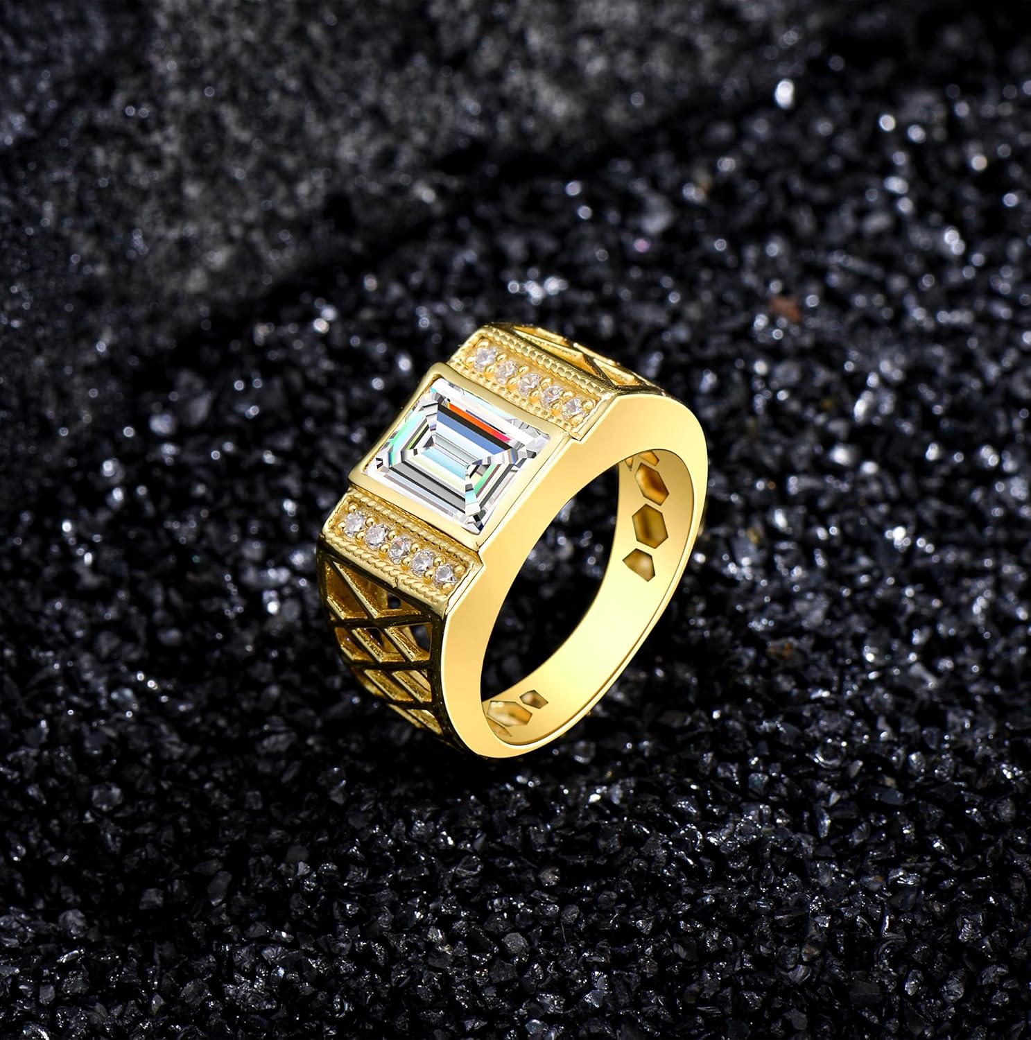 WSX Real Gold 10K 14K 18K 4Carat Gemstone Men's Rings with Moissanite Side Stone Emerald Cut Gemstone Rings for Men Promise Engagement Wedding Band Size 4-16