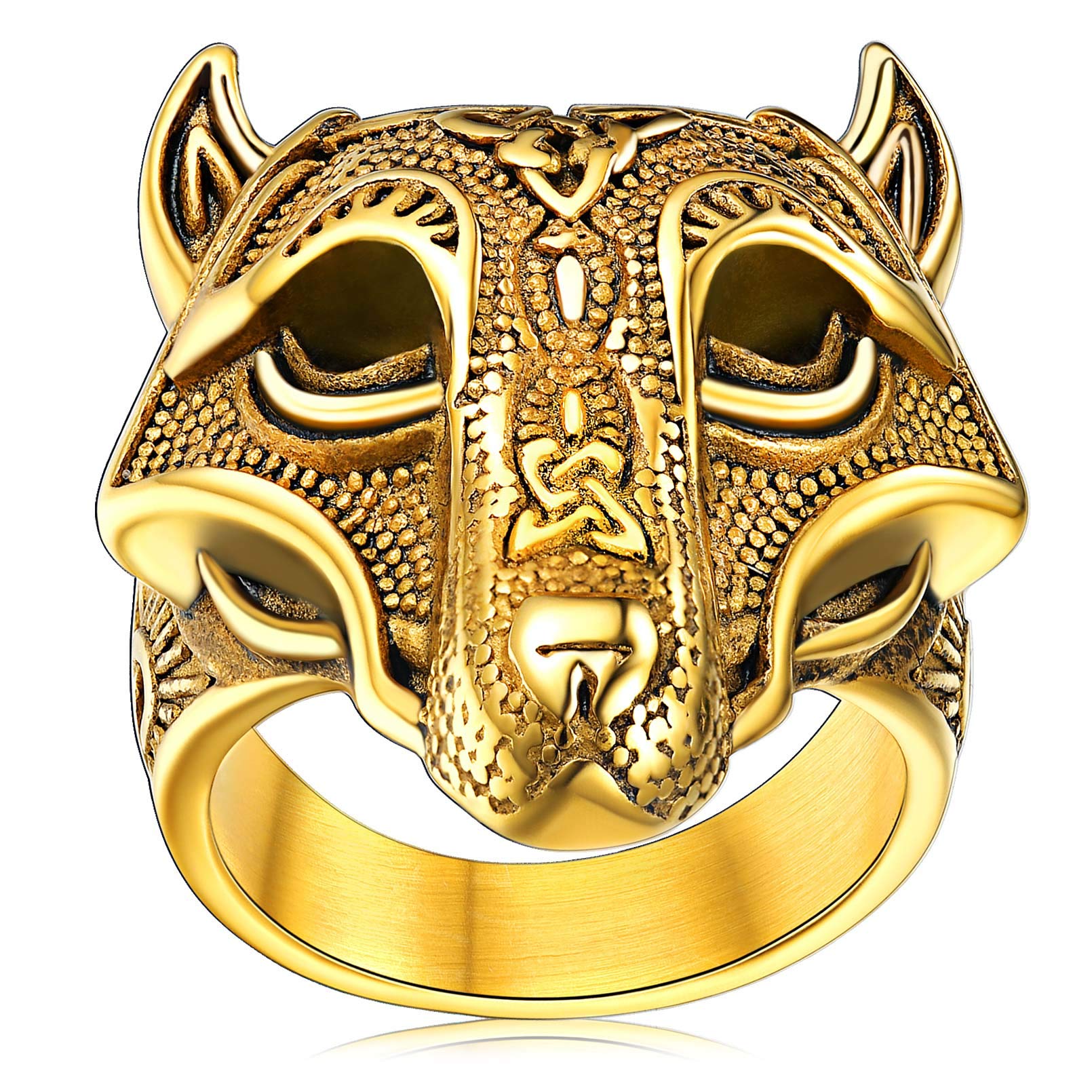 FaithHeart Norse Viking Jewelry Mens Stainless Steel Vikings Thor's Hammer/Wolf Head Ring Valknut Warrior's Gothic Jewelry-Personalized Engrave