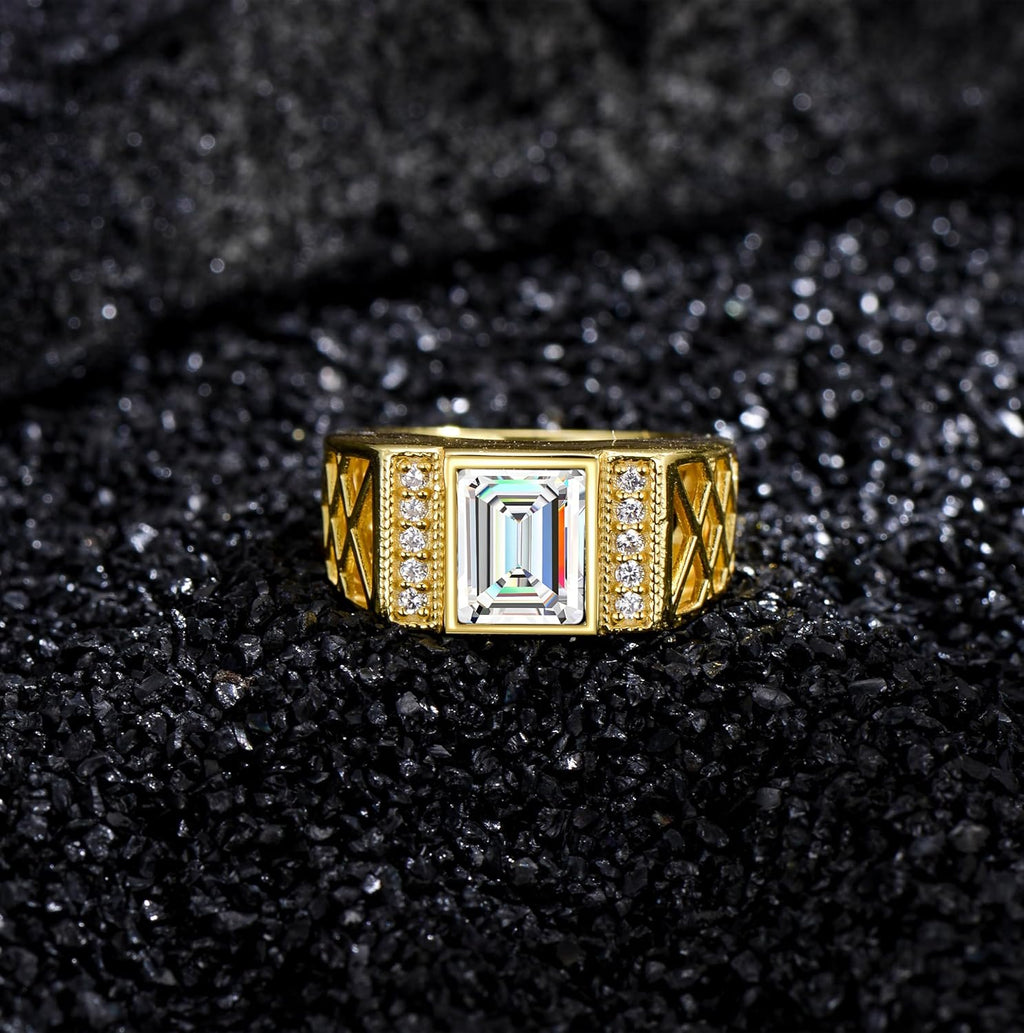 WSX Real Gold 10K 14K 18K 4Carat Gemstone Men's Rings with Moissanite Side Stone Emerald Cut Gemstone Rings for Men Promise Engagement Wedding Band Size 4-16
