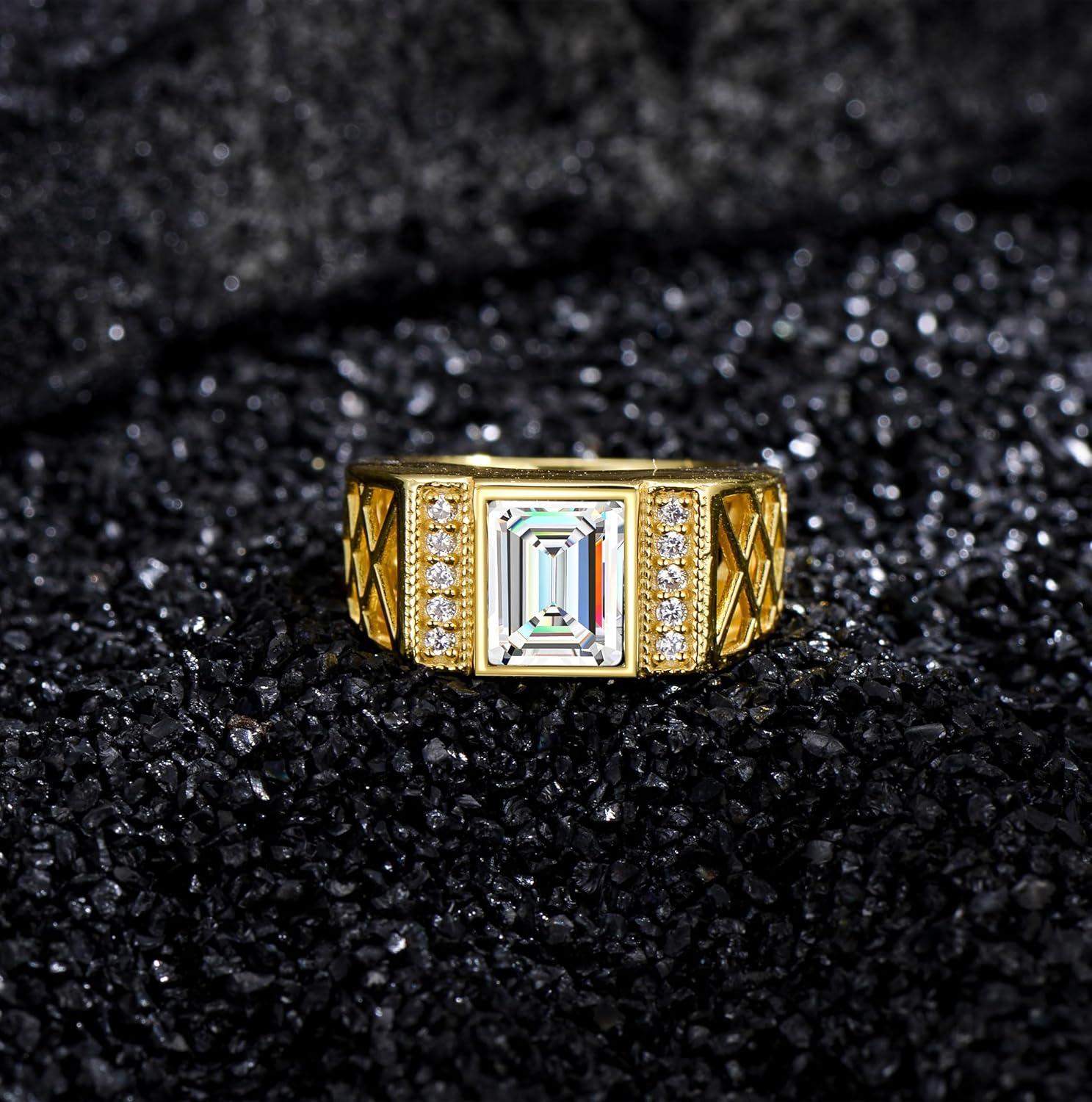 WSX Real Gold 10K 14K 18K 4Carat Gemstone Men's Rings with Moissanite Side Stone Emerald Cut Gemstone Rings for Men Promise Engagement Wedding Band Size 4-16