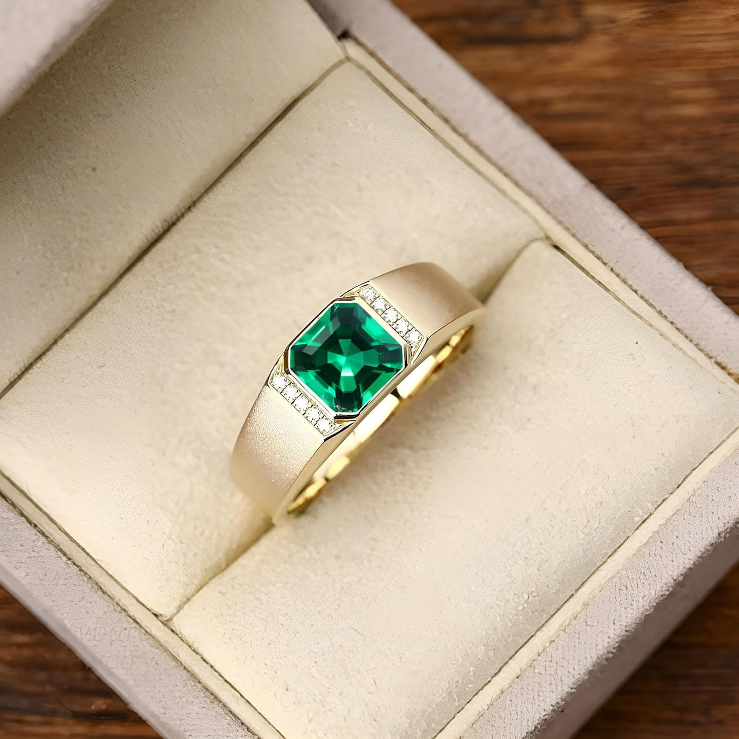 10K 14K 18K Gold 2CT Asscher Cut Men's Gemstone Engagement Ring with Moissanite Sidestones,Gemstone Wedding Bands Birthstone Rings for Men Husband for Anniversary Wedding